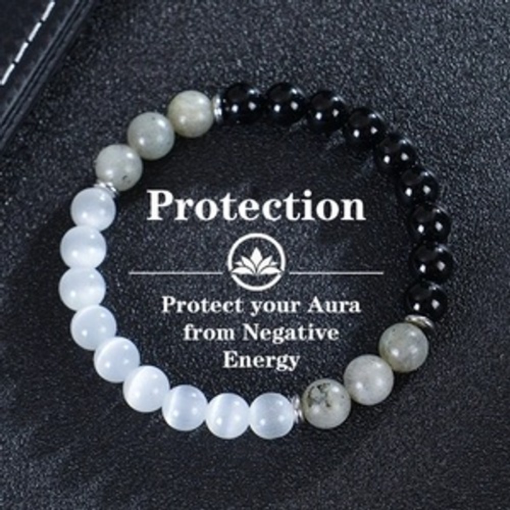 Protection Bracelet Selenite Black Obsidian Labradorite‎ Crystal Beaded Stretch